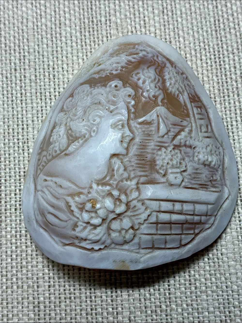 Vintage Hand Carved Shell Cameo — Woman Profile in Scenic Relief unmounted